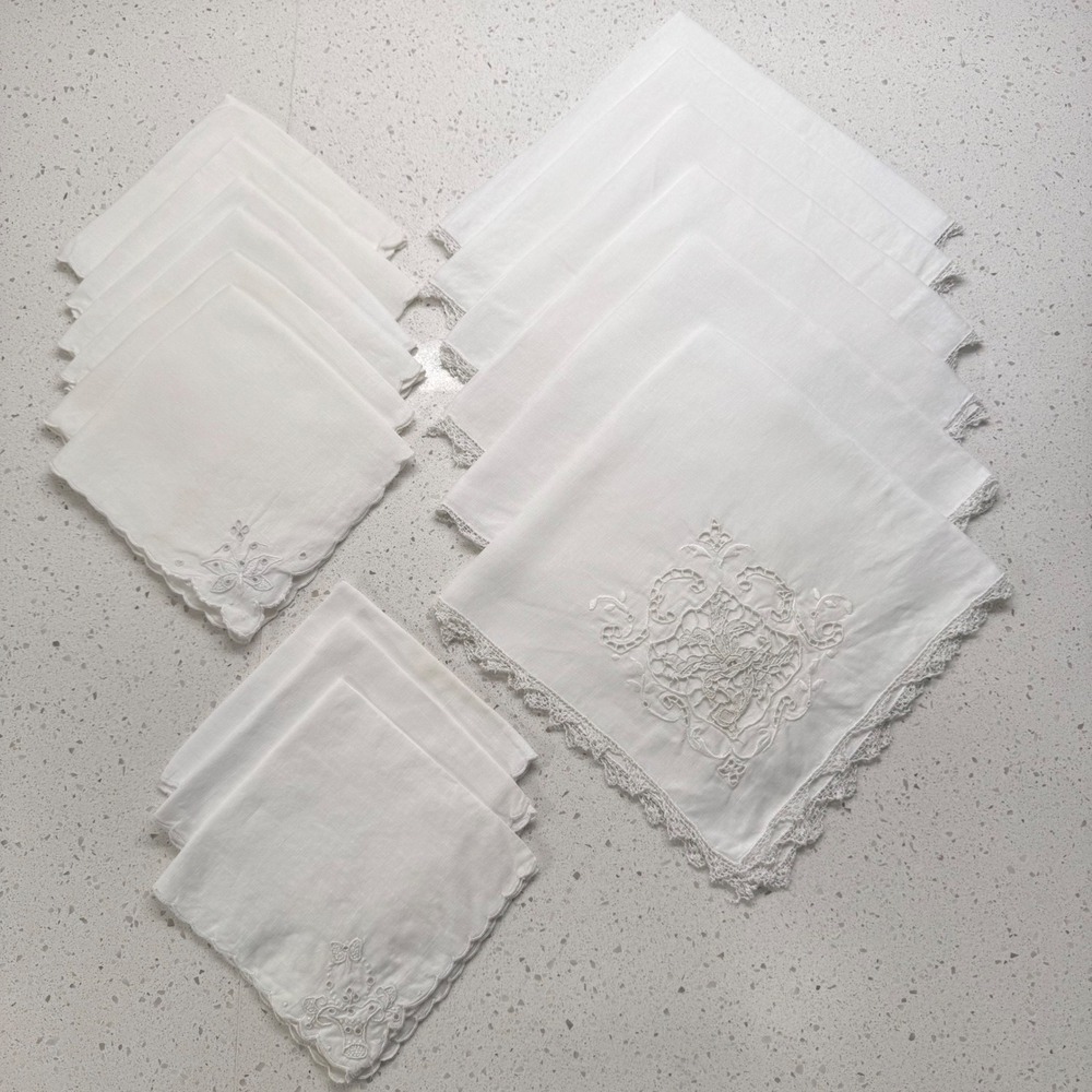 1940's Vintage White Linen Cocktail Napkins Set 15 Cutwork Embroidery Lace
